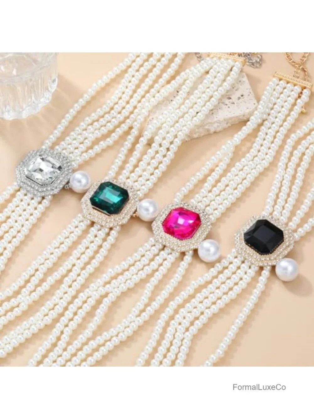Pearl Choker Necklace & Earrings Set Bridal Rhinestone